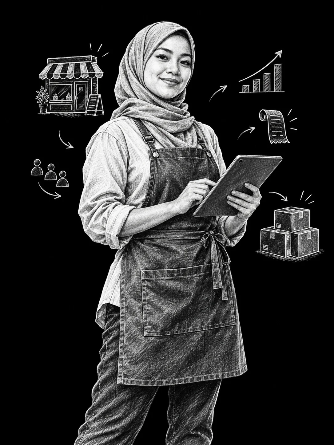 White-pencil portrait of a Malaysian business owner using a tablet.