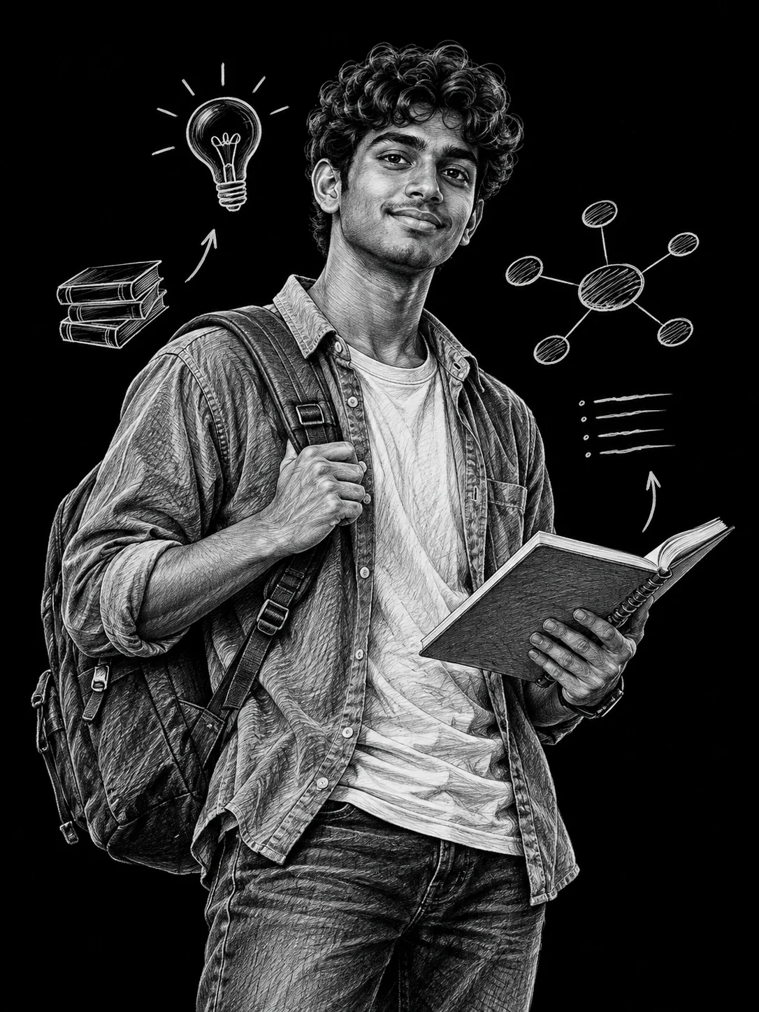 White-pencil portrait of a Malaysian student carrying a notebook.