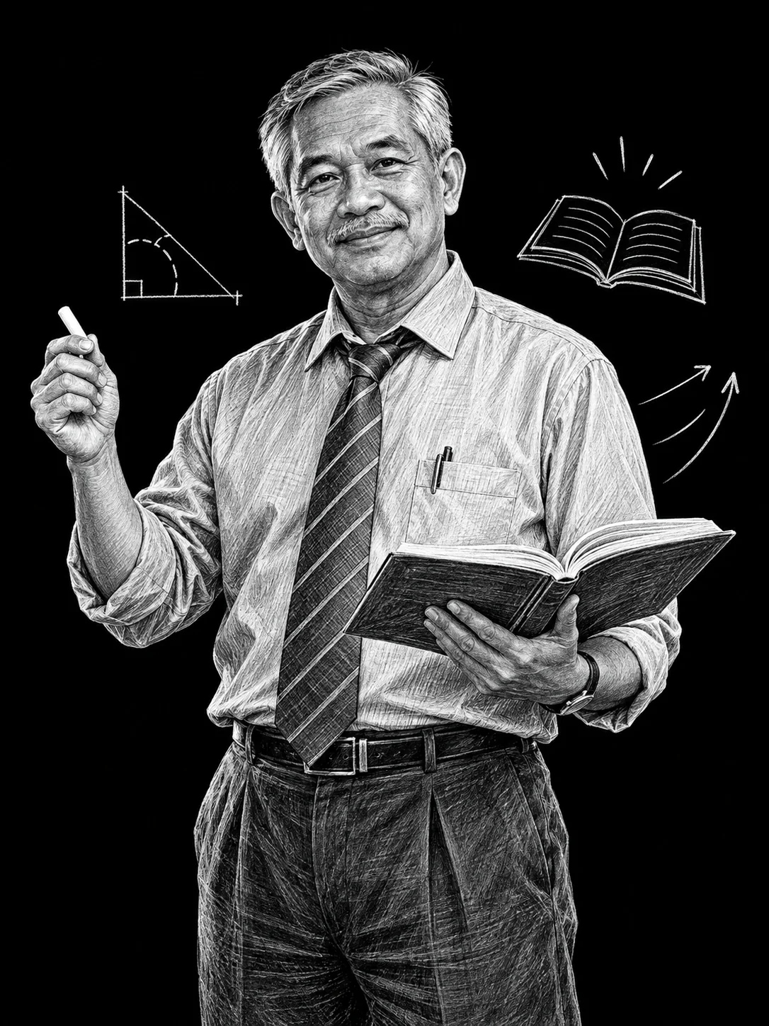 White-pencil portrait of a Malaysian teacher with a book and teaching diagrams.