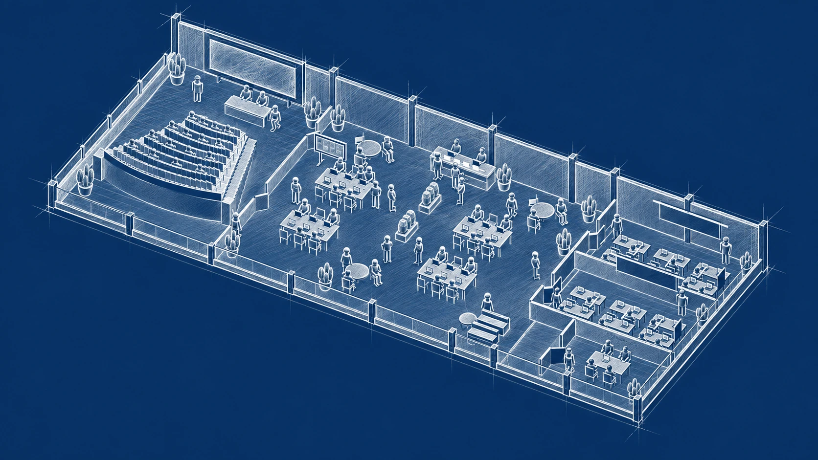 Bird’s-eye drawing of the school: The Cave on the left, Kracked Labs in the centre, and AI Classes on the right.